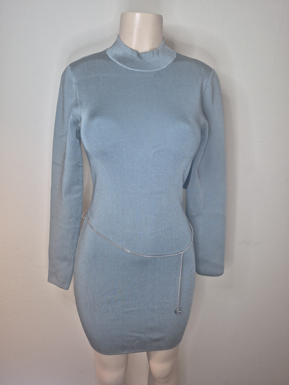 Guess Light Blue Long Sleeve Mini Dress with Silver Chain